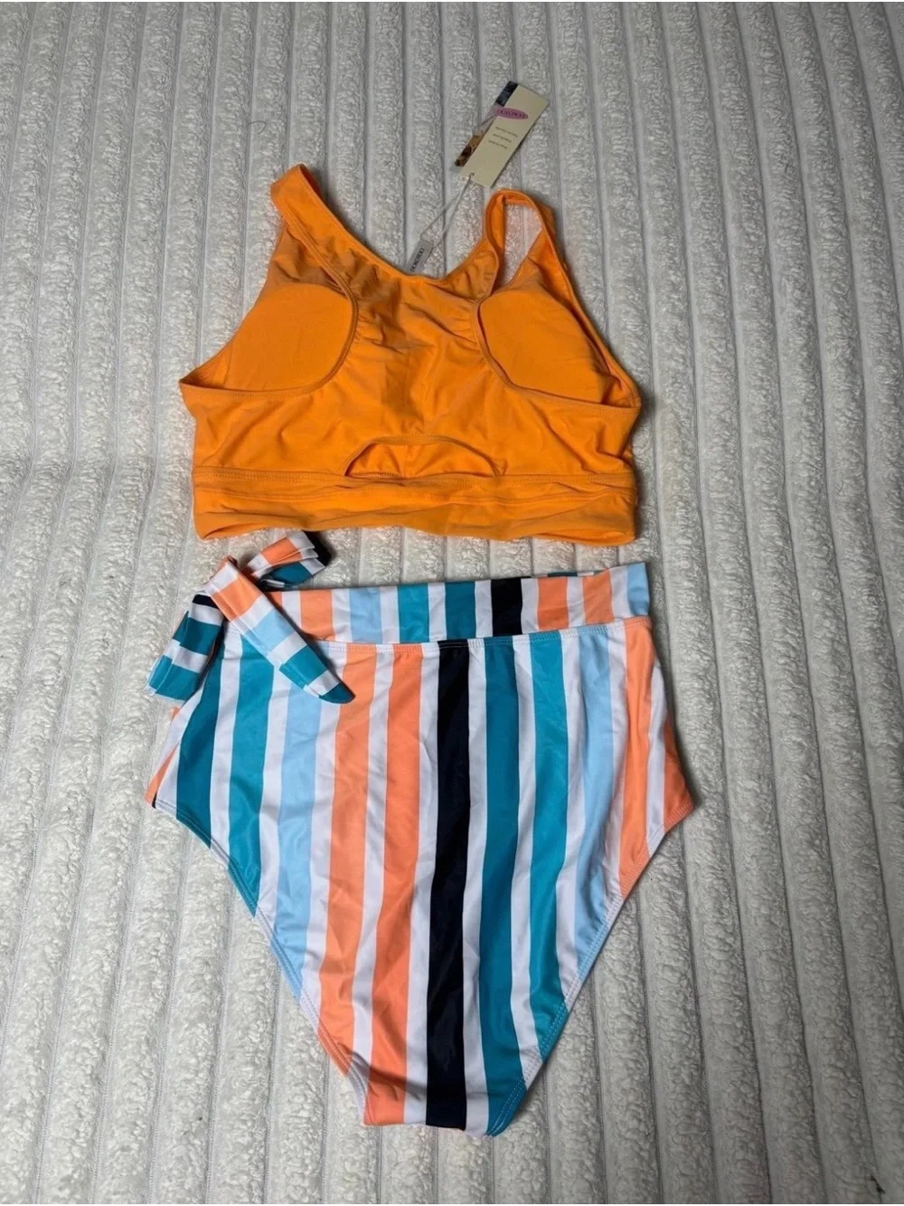 Orange Crop Tank Bikini Top with High-Waist Striped Tie-Side Bottom Set